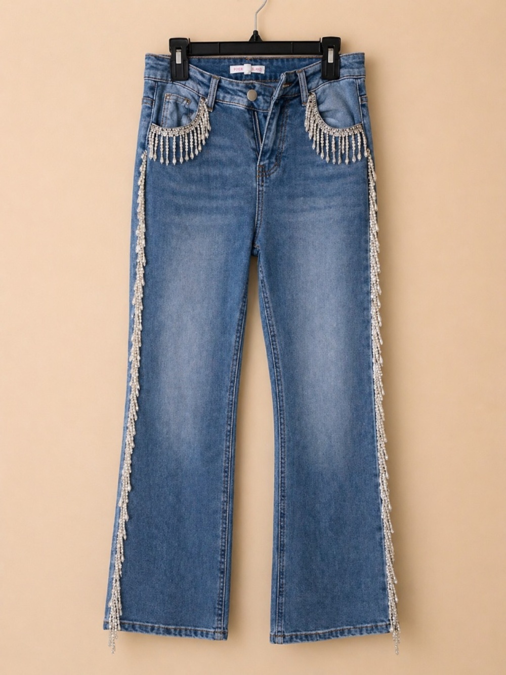 Pearl/Rhinestone Fringe Denim Jeans